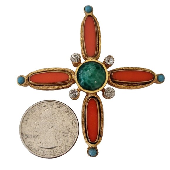 Gold Tone Orange Bezel Set, Green Mottled Cab Maltese Cross Brooch Pendant E782 - Picture 8 of 10